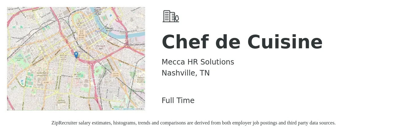 Mecca HR Solutions job posting for a Chef de Cuisine in Nashville, TN with a salary of $64,200 to $87,900 Yearly with a map of Nashville location.