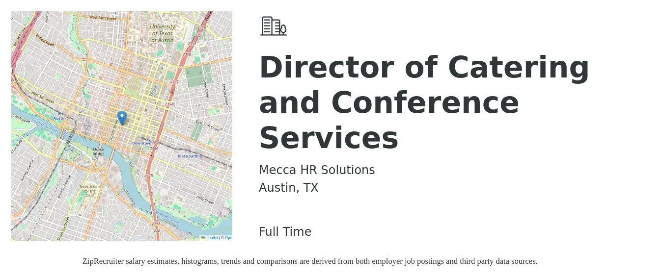 Mecca HR Solutions job posting for a Director of Catering and Conference Services in Austin, TX with a salary of $42,900 to $66,800 Yearly with a map of Austin location.