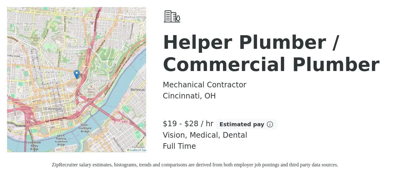 Mechanical Contractor job posting for a Helper Plumber / Commercial Plumber in Cincinnati, OH with a salary of $20 to $30 Hourly and benefits including retirement, vision, dental, life_insurance, medical, and pto with a map of Cincinnati location.