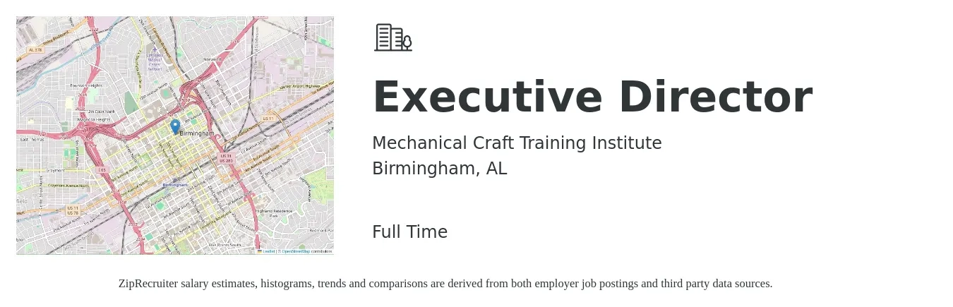 Mechanical Craft Training Institute job posting for a Executive Director in Birmingham, AL with a salary of $74,000 to $101,700 Yearly with a map of Birmingham location.