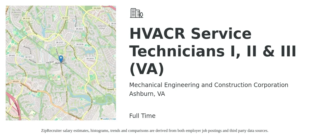 Mechanical Engineering and Construction Corporation job posting for a HVACR Service Technicians I, II & III (VA) in Ashburn, VA with a salary of $26 to $36 Hourly with a map of Ashburn location.