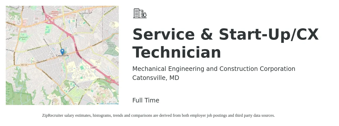 Mechanical Engineering and Construction Corporation job posting for a Service & Start-Up/CX Technician in Catonsville, MD with a salary of $24 to $33 Hourly with a map of Catonsville location.