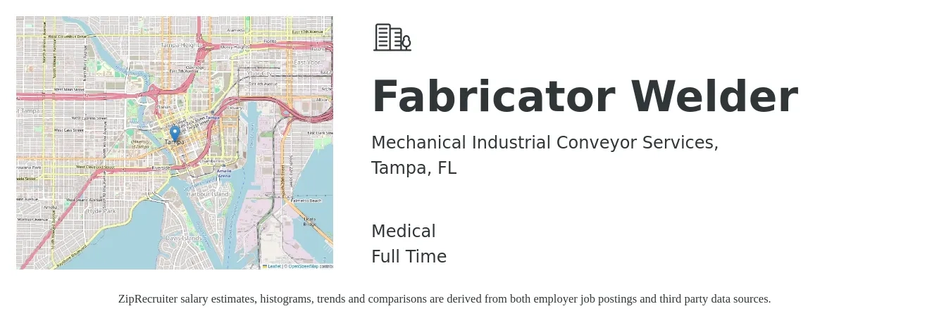 Mechanical Industrial Conveyor Services, job posting for a Fabricator Welder in Tampa, FL with a salary of $18 to $25 Hourly and benefits including medical, and pto with a map of Tampa location.