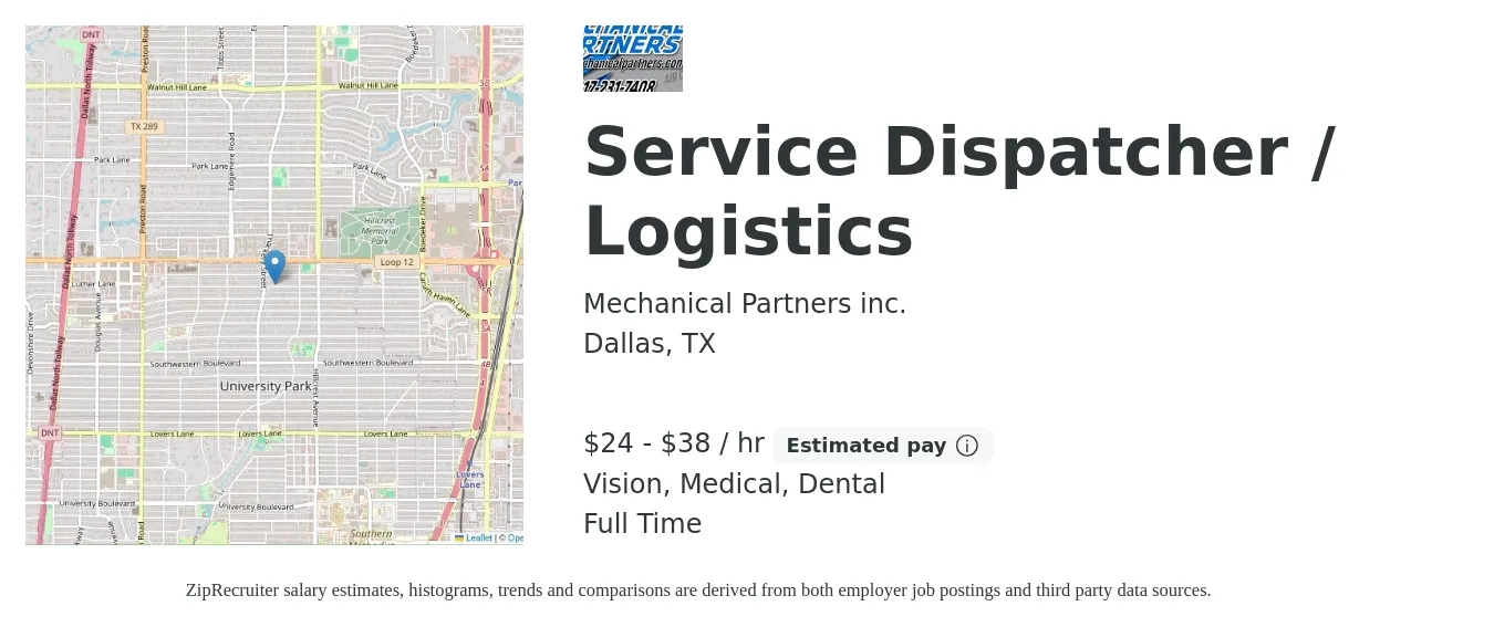 Mechanical Partners inc. job posting for a Service Dispatcher / Logistics in Dallas, TX with a salary of $25 to $40 Hourly and benefits including retirement, vision, dental, life_insurance, medical, and pto with a map of Dallas location.