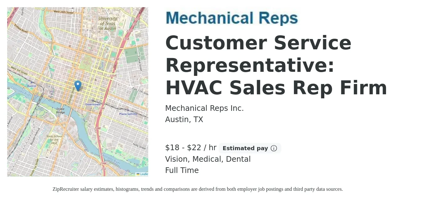 Mechanical Reps Inc. job posting for a Customer Service Representative: HVAC Sales Rep Firm in Austin, TX with a salary of $19 to $23 Hourly and benefits including medical, retirement, vision, dental, and life_insurance with a map of Austin location.