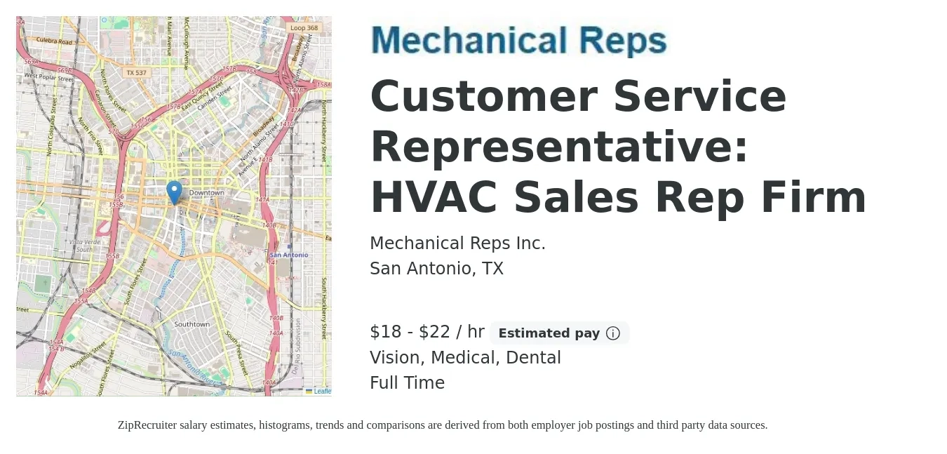 Mechanical Reps Inc. job posting for a Customer Service Representative: HVAC Sales Rep Firm in San Antonio, TX with a salary of $19 to $23 Hourly and benefits including retirement, vision, dental, life_insurance, and medical with a map of San Antonio location.