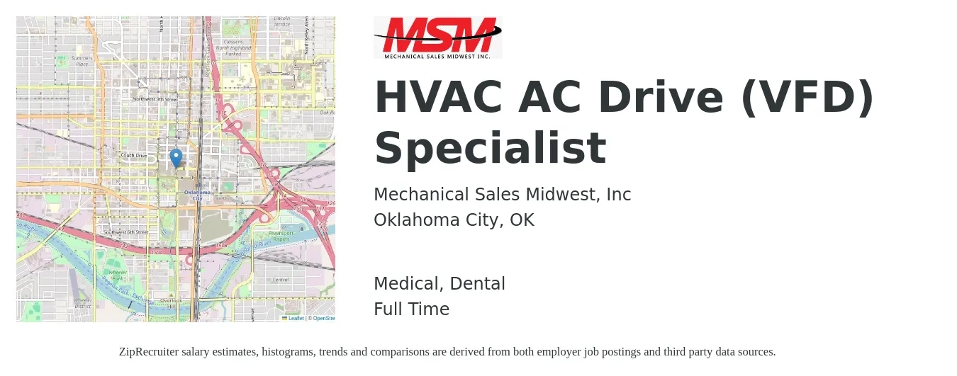 Mechanical Sales Midwest, Inc job posting for a HVAC AC Drive (VFD) Specialist in Oklahoma City, OK with a salary of $20 to $30 Hourly and benefits including medical, pto, retirement, dental, and life_insurance with a map of Oklahoma City location.