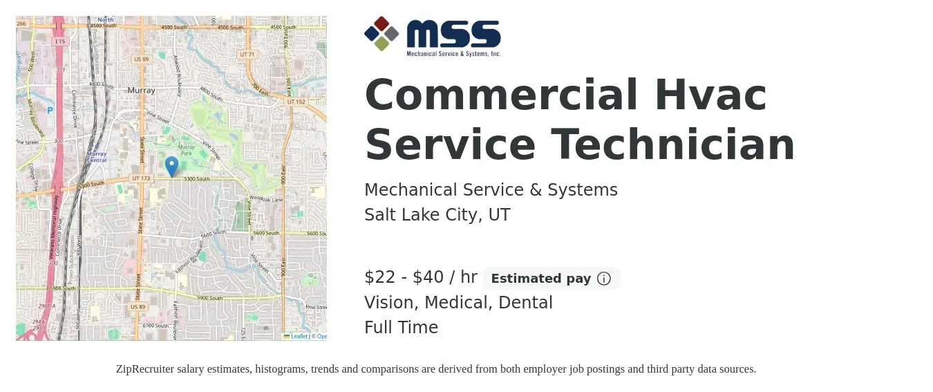 Mechanical Service & Systems job posting for a Commercial Hvac Service Technician in Salt Lake City, UT with a salary of $23 to $42 Hourly and benefits including medical, pto, retirement, vision, dental, and life_insurance with a map of Salt Lake City location.
