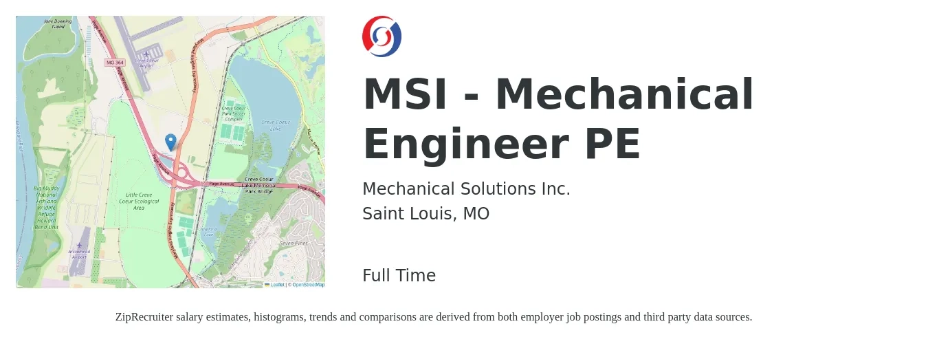 Mechanical Solutions Inc. job posting for a MSI - Mechanical Engineer PE in Saint Louis, MO with a salary of $79,200 to $123,000 Yearly with a map of Saint Louis location.