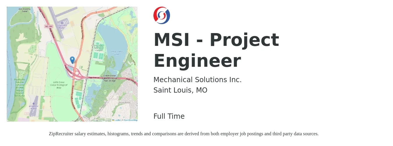 Mechanical Solutions Inc. job posting for a MSI - Project Engineer in Saint Louis, MO with a salary of $70,100 to $98,100 Yearly with a map of Saint Louis location.
