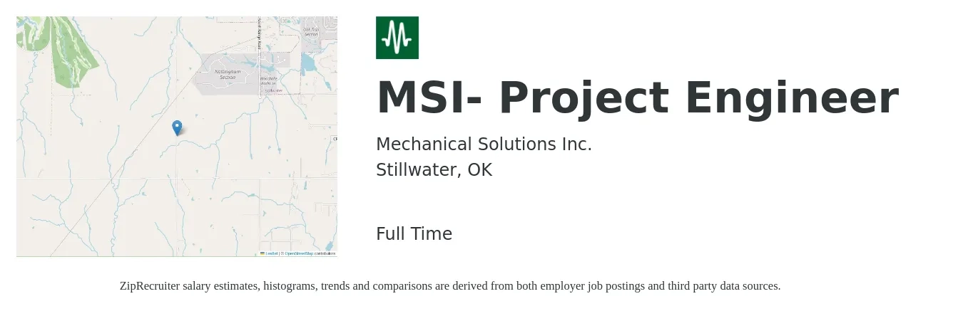 Mechanical Solutions Inc. job posting for a MSI- Project Engineer in Stillwater, OK with a salary of $59,700 to $83,500 Yearly with a map of Stillwater location.