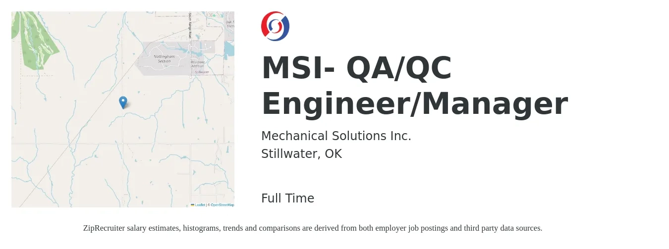 Mechanical Solutions Inc. job posting for a MSI- QA/QC Engineer/Manager in Stillwater, OK with a salary of $56,800 to $93,900 Yearly with a map of Stillwater location.