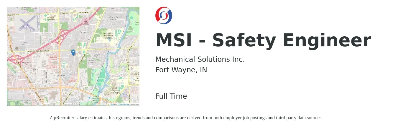 Mechanical Solutions Inc. job posting for a MSI - Safety Engineer in Fort Wayne, IN with a salary of $45,900 to $88,300 Yearly with a map of Fort Wayne location.