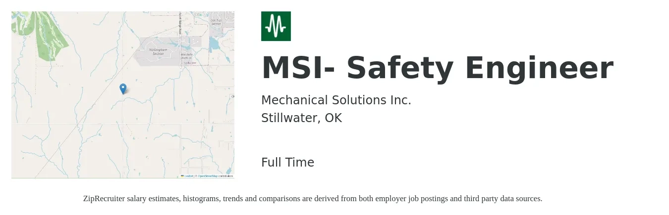 Mechanical Solutions Inc. job posting for a MSI- Safety Engineer in Stillwater, OK with a salary of $37,500 to $72,200 Yearly with a map of Stillwater location.