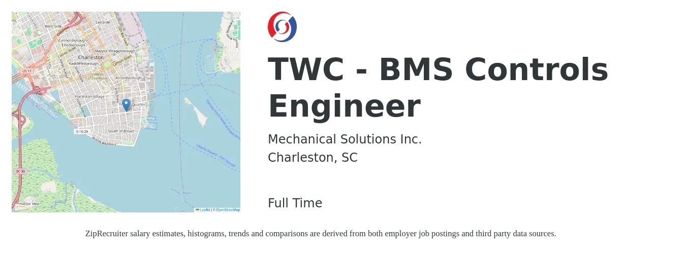 Mechanical Solutions Inc. job posting for a TWC - BMS Controls Engineer in Charleston, SC with a salary of $78,100 to $101,100 Yearly with a map of Charleston location.