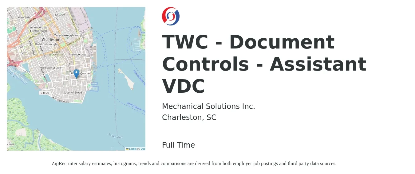 Mechanical Solutions Inc. job posting for a TWC - Document Controls - Assistant VDC in Charleston, SC with a salary of $17 to $24 Hourly with a map of Charleston location.