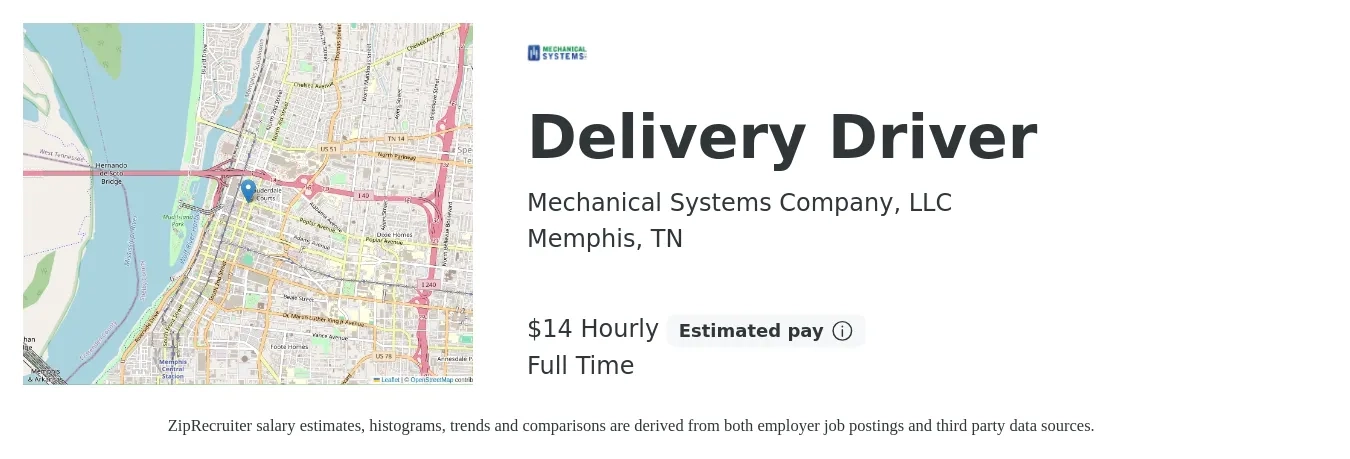 Mechanical Systems Company, LLC job posting for a Delivery Driver in Memphis, TN with a salary of $15 Hourly with a map of Memphis location.