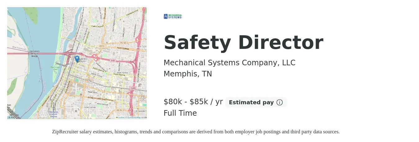 Mechanical Systems Company, LLC job posting for a Safety Director in Memphis, TN with a salary of $80,000 to $85,000 Yearly with a map of Memphis location.