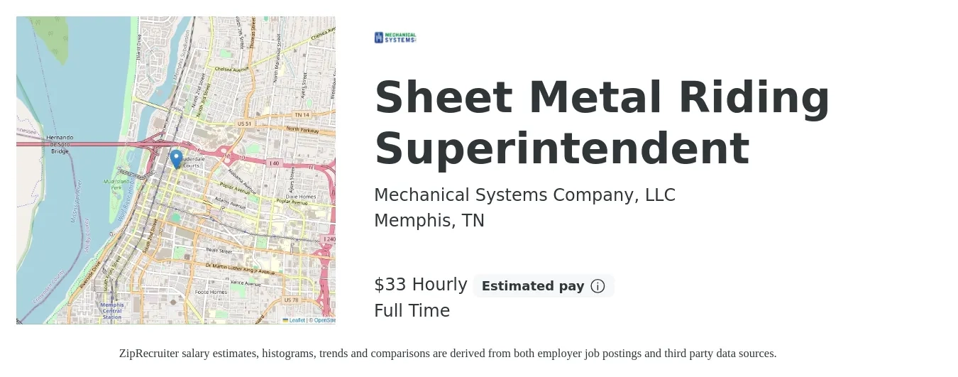Mechanical Systems Company, LLC job posting for a Sheet Metal Riding Superintendent in Memphis, TN with a salary of $35 Hourly with a map of Memphis location.