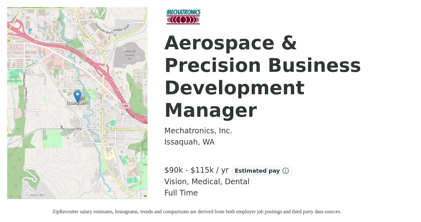 Mechatronics job posting for a Aerospace & Precision Business Development Manager in Issaquah, WA with a salary of $90 Hourly with a map of Issaquah location.