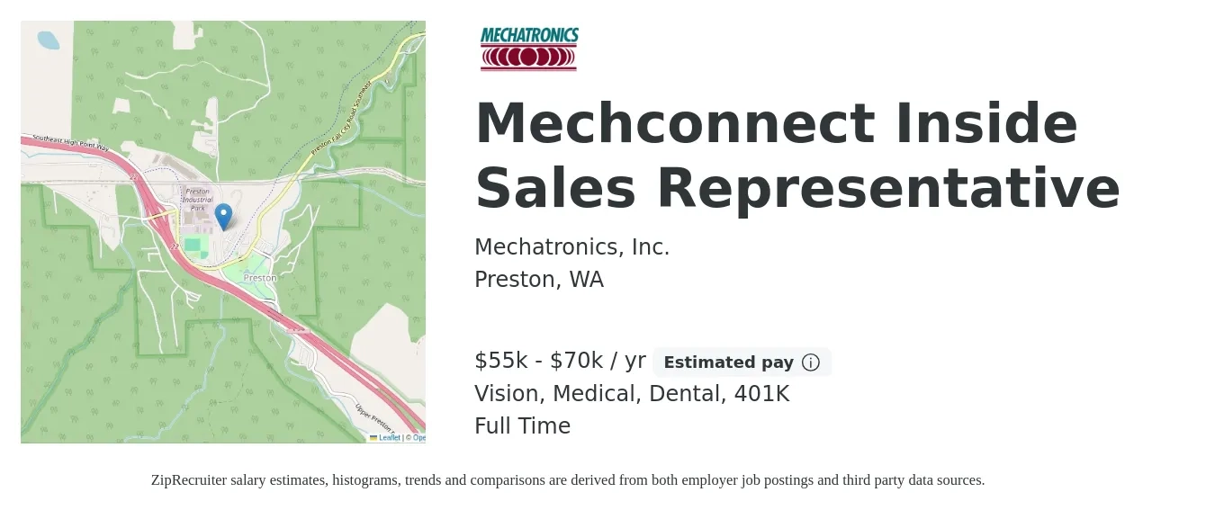 Mechatronics, Inc. job posting for a Mechconnect Inside Sales Representative in Preston, WA with a salary of $55,000 to $70,000 Yearly (plus commission) and benefits including dental, life_insurance, medical, vision, and 401k with a map of Preston location.