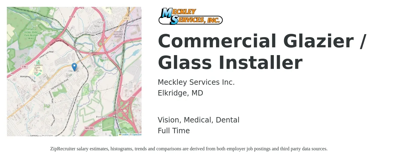 Meckley Services Inc. job posting for a Commercial Glazier / Glass Installer in Elkridge, MD with a salary of $20 to $32 Hourly and benefits including dental, life_insurance, medical, pto, retirement, and vision with a map of Elkridge location.