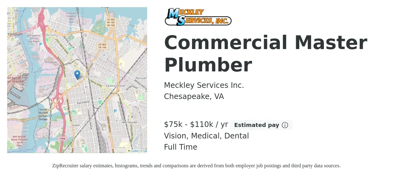 Meckley Services Inc. job posting for a Commercial Master Plumber in Chesapeake, VA with a salary of $75,000 to $110,000 Yearly and benefits including dental, life_insurance, medical, pto, retirement, and vision with a map of Chesapeake location.