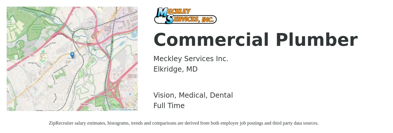 Meckley Services Inc. job posting for a Commercial Plumber in Elkridge, MD with a salary of $25 to $32 Hourly and benefits including dental, life_insurance, medical, pto, retirement, and vision with a map of Elkridge location.