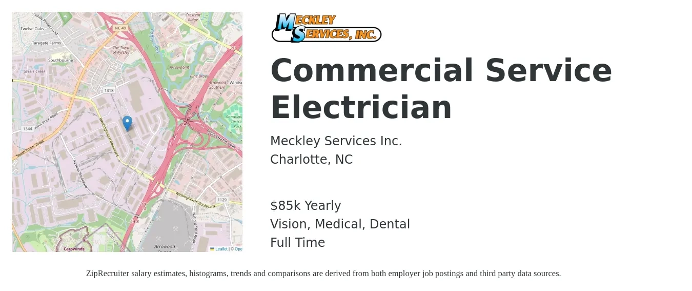 Meckley Services Inc. job posting for a Commercial Service Electrician in Charlotte, NC with a salary of $85,000 Yearly and benefits including retirement, vision, dental, life_insurance, medical, and pto with a map of Charlotte location.