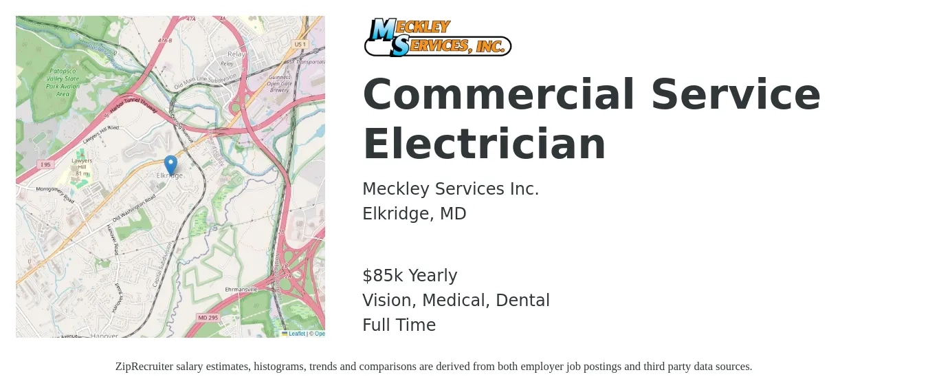 Meckley Services Inc. job posting for a Commercial Service Electrician in Elkridge, MD with a salary of $85,000 Yearly and benefits including life_insurance, medical, pto, retirement, vision, and dental with a map of Elkridge location.