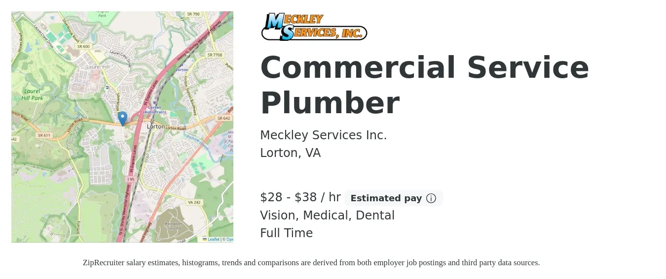 Meckley Services Inc. job posting for a Commercial Service Plumber in Lorton, VA with a salary of $30 to $40 Hourly and benefits including vision, dental, life_insurance, medical, pto, and retirement with a map of Lorton location.