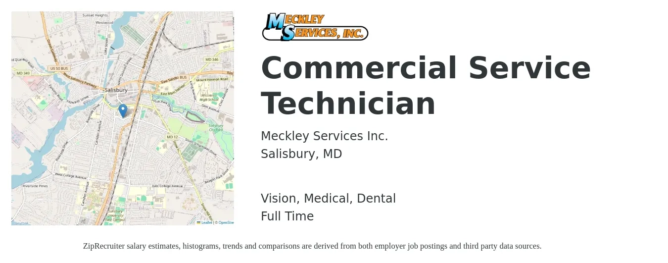 Meckley Services Inc. job posting for a Commercial Service Technician in Salisbury, MD with a salary of $21 to $30 Hourly and benefits including pto, retirement, vision, dental, life_insurance, and medical with a map of Salisbury location.