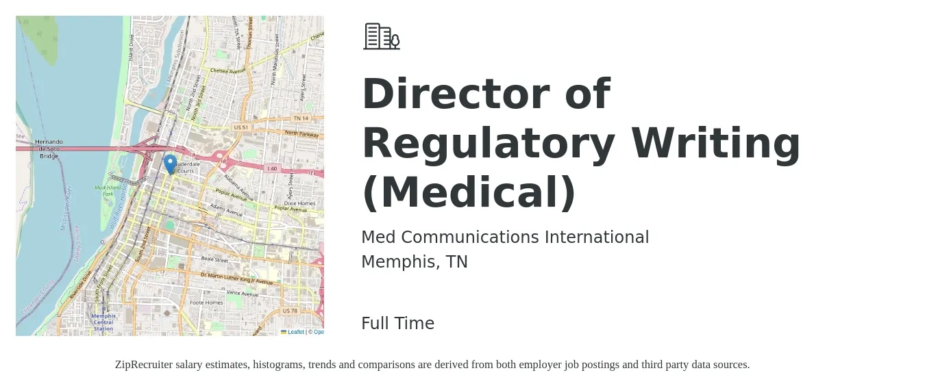 Med Communications International job posting for a Director of Regulatory Writing (Medical) in Memphis, TN with a salary of $145,700 to $192,300 Yearly with a map of Memphis location.