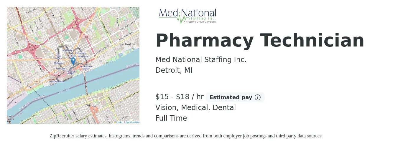 Med National Staffing Inc. job posting for a Pharmacy Technician in Detroit, MI with a salary of $16 to $19 Hourly and benefits including medical, vision, and dental with a map of Detroit location.