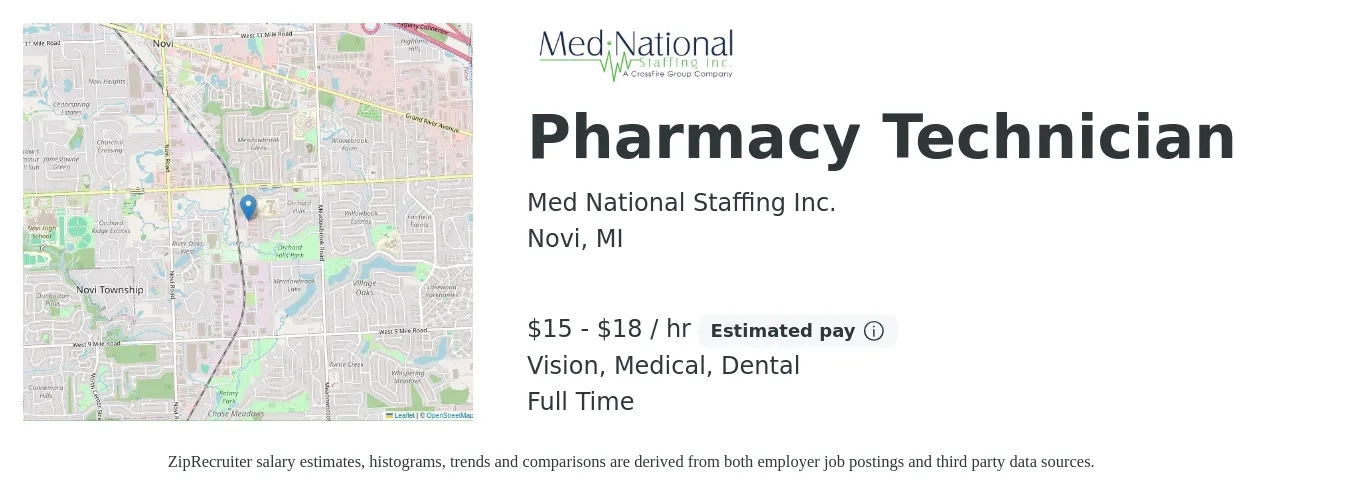 Med National Staffing Inc. job posting for a Pharmacy Technician in Novi, MI with a salary of $16 to $19 Hourly and benefits including dental, medical, and vision with a map of Novi location.