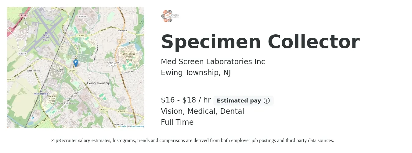 Med Screen Laboratories Inc job posting for a Specimen Collector in Ewing Township, NJ with a salary of $17 to $19 Hourly and benefits including dental, medical, pto, and vision with a map of Ewing Township location.