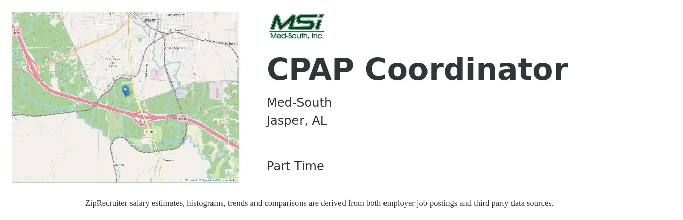 Med-South job posting for a CPAP Coordinator in Jasper, AL with a salary of $16 to $24 Hourly with a map of Jasper location.