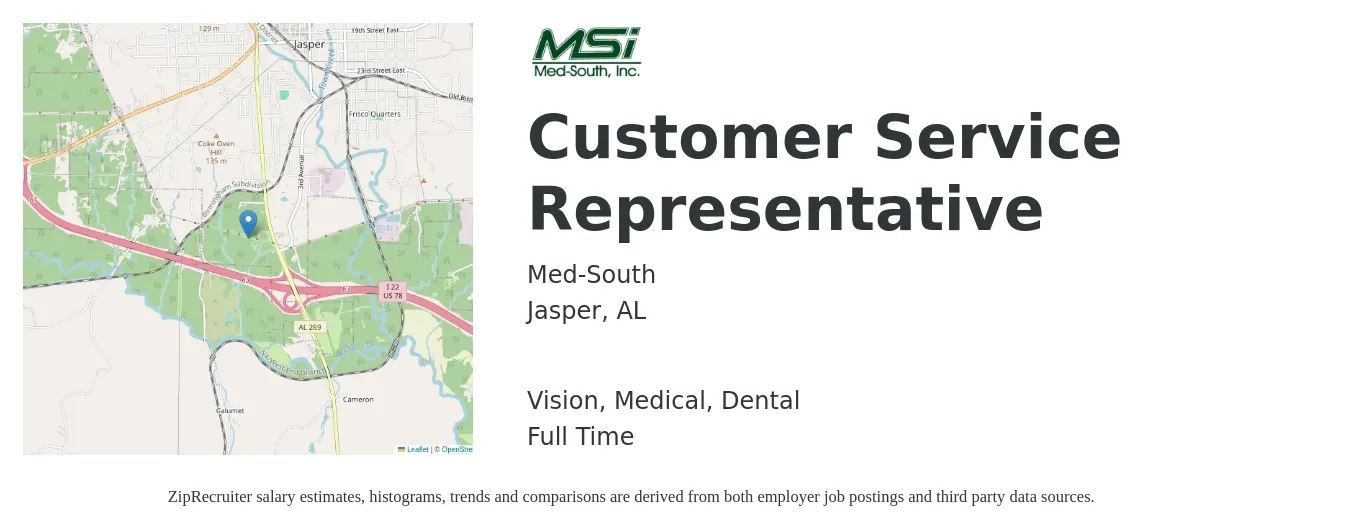 Med-South job posting for a Customer Service Representative in Jasper, AL with a salary of $14 to $19 Hourly and benefits including retirement, vision, dental, life_insurance, medical, and pto with a map of Jasper location.