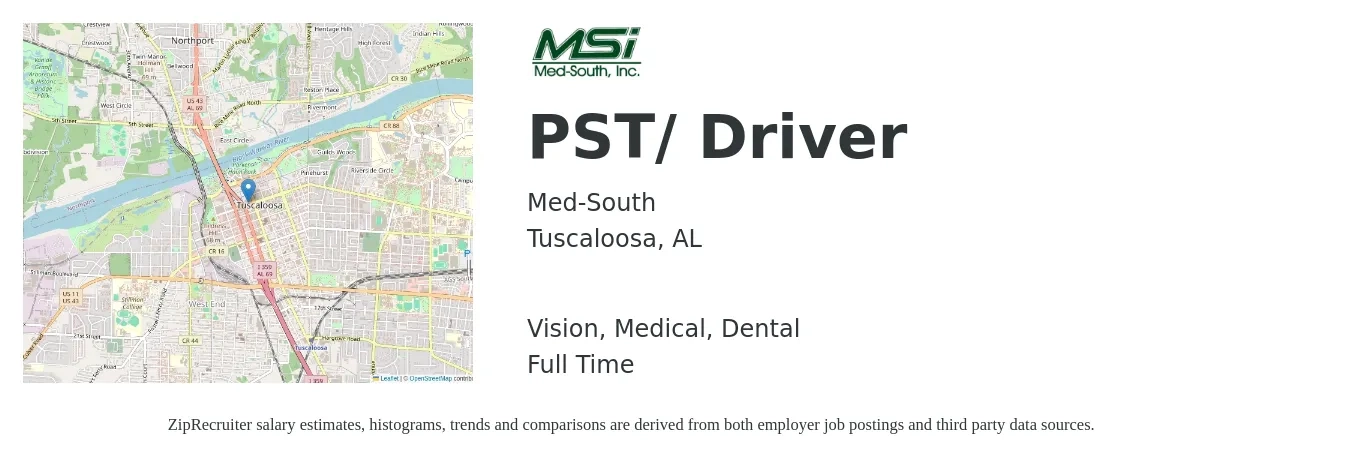 Med-South job posting for a PST/ Driver in Tuscaloosa, AL with a salary of $23 to $40 Hourly and benefits including dental, life_insurance, medical, retirement, and vision with a map of Tuscaloosa location.
