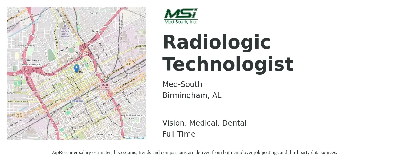 Med-South job posting for a Radiologic Technologist in Birmingham, AL with a salary of $1,120 to $2,330 Weekly and benefits including life_insurance, medical, pto, retirement, vision, and dental with a map of Birmingham location.