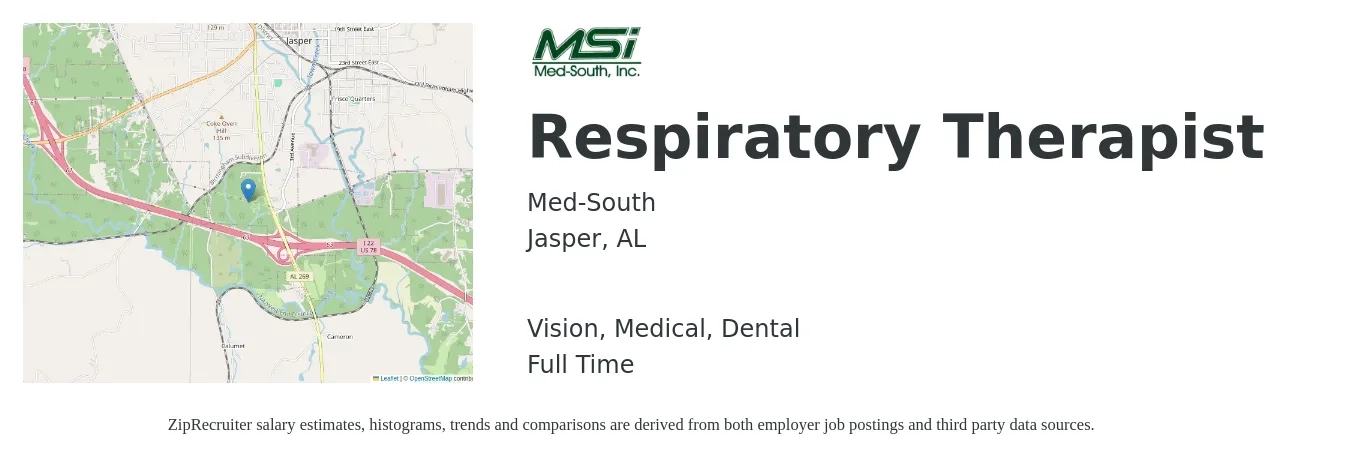 Med-South job posting for a Respiratory Therapist in Jasper, AL with a salary of $28 to $49 Hourly and benefits including life_insurance, medical, retirement, vision, and dental with a map of Jasper location.