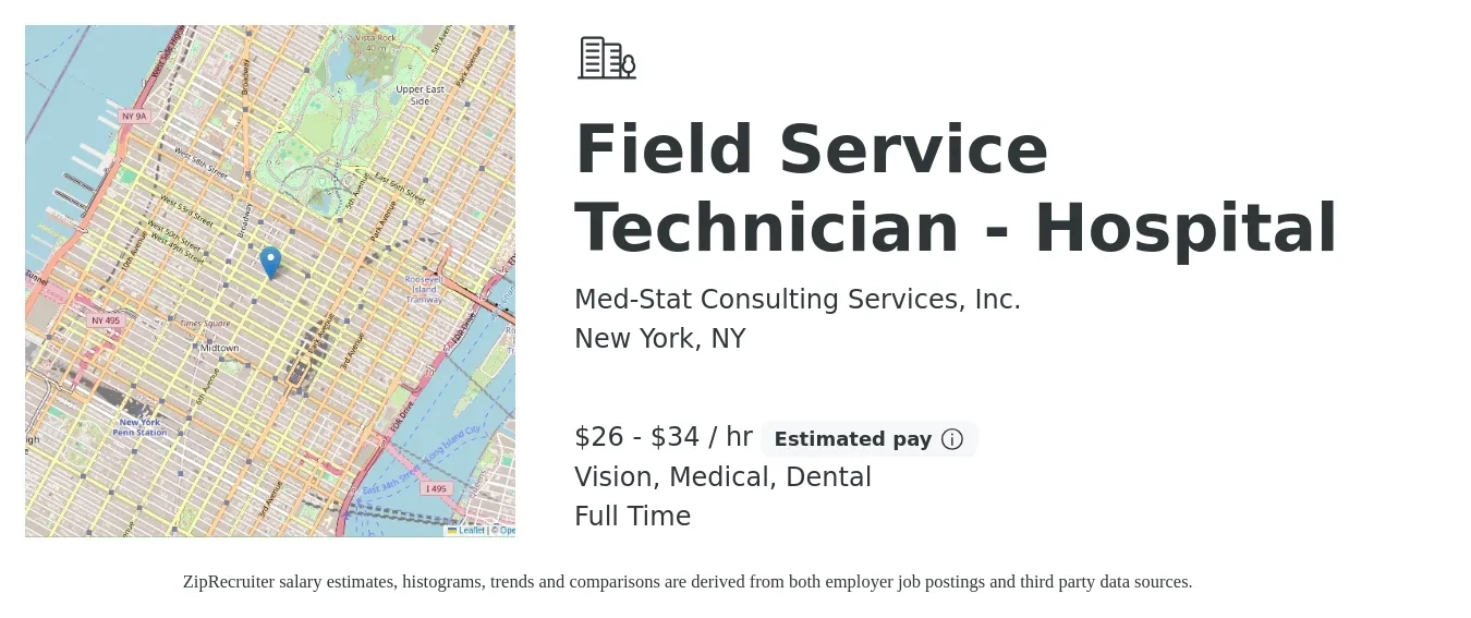 Med-Stat Consulting Services, Inc. job posting for a Field Service Technician - Hospital in New York, NY with a salary of $28 to $36 Hourly and benefits including medical, pto, retirement, vision, dental, and life_insurance with a map of New York location.