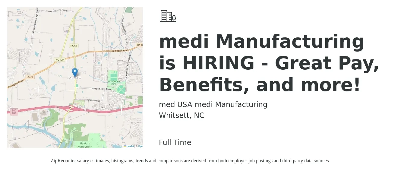med USA-medi Manufacturing job posting for a medi Manufacturing is HIRING - Great Pay, Benefits, and more! in Whitsett, NC with a salary of $13 to $18 Hourly with a map of Whitsett location.