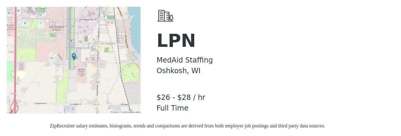 MedAid Staffing job posting for a LPN in Oshkosh, WI with a salary of $28 to $30 Hourly with a map of Oshkosh location.