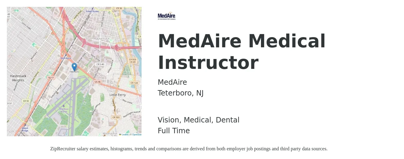 MedAire job posting for a MedAire Medical Instructor in Teterboro, NJ with a salary of $15 to $45 Hourly and benefits including medical, retirement, vision, dental, and life_insurance with a map of Teterboro location.