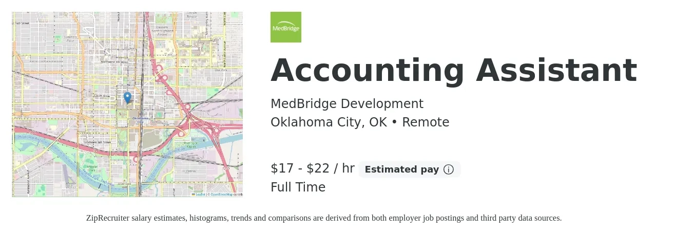 MedBridge Development job posting for a Accounting Assistant in Oklahoma City, OK with a salary of $18 to $24 Hourly with a map of Oklahoma City location.