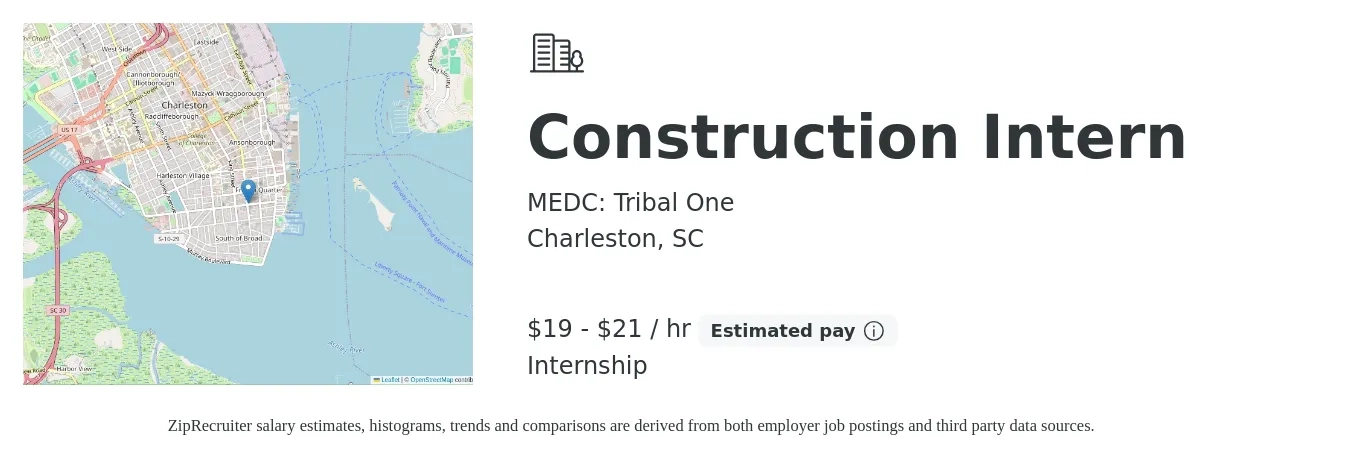 MEDC: Tribal One job posting for a Construction Intern in Charleston, SC with a salary of $20 to $22 Hourly with a map of Charleston location.