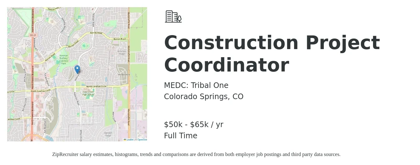 MEDC: Tribal One job posting for a Construction Project Coordinator in Colorado Springs, CO with a salary of $50,000 to $65,000 Yearly with a map of Colorado Springs location.