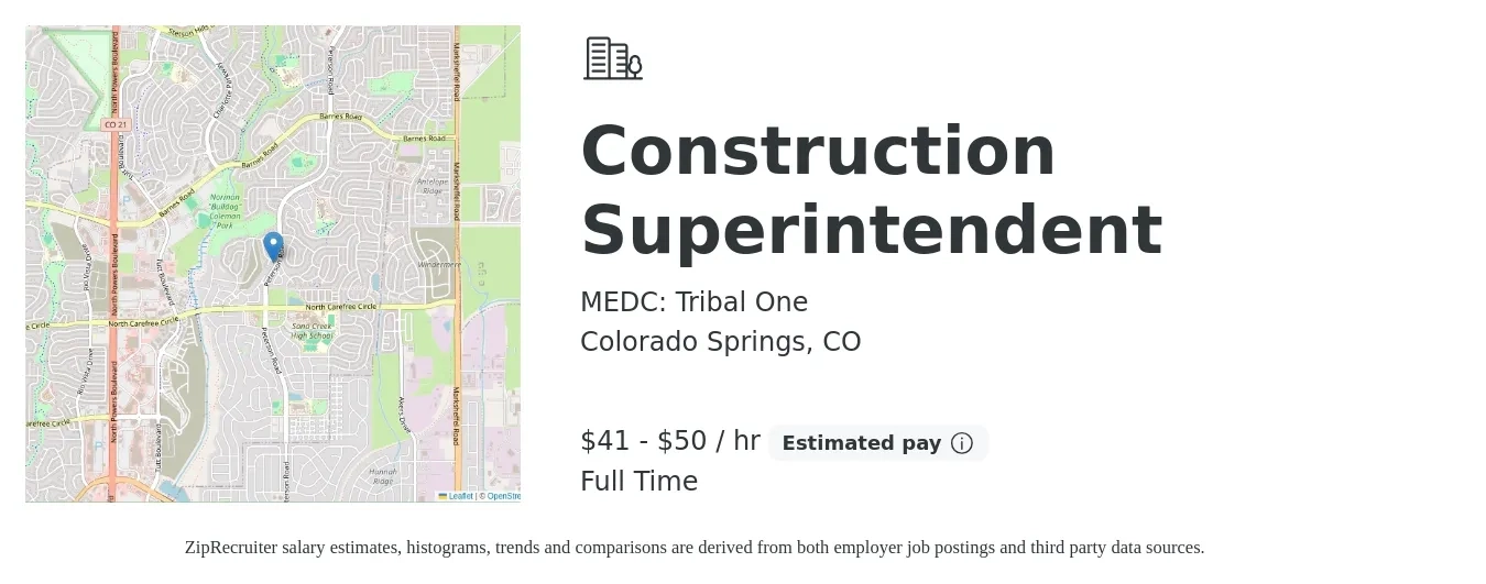 MEDC: Tribal One job posting for a Construction Superintendent in Colorado Springs, CO with a salary of $90,000 to $110,000 Yearly with a map of Colorado Springs location.