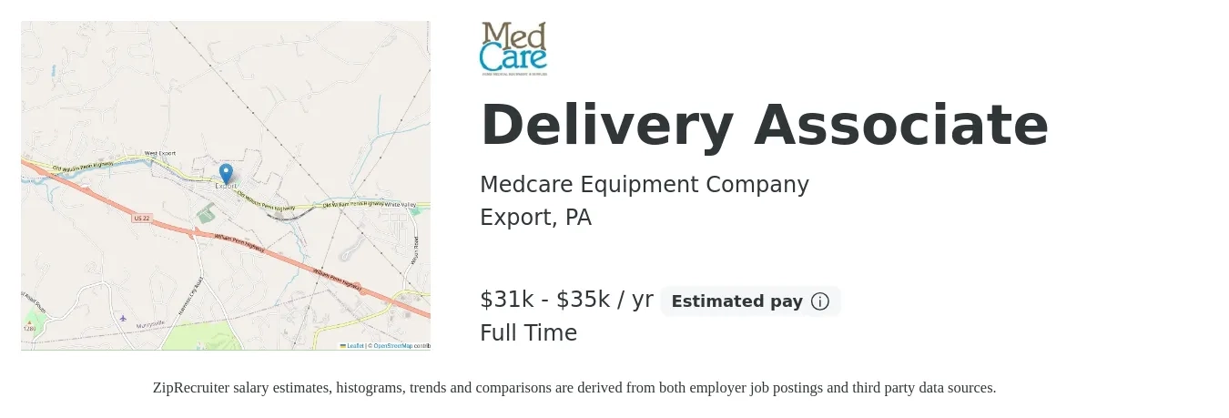 Medcare Equipment Company job posting for a Delivery Associate in Export, PA with a salary of $31,158 to $35,393 Yearly with a map of Export location.